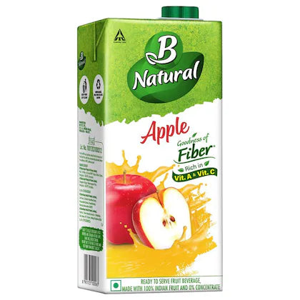 B Natural Apple Juice, Goodness of fiber, Vitamin C & E, Made with 100% Fruit Pulp and 0% Concentrate,1 litre