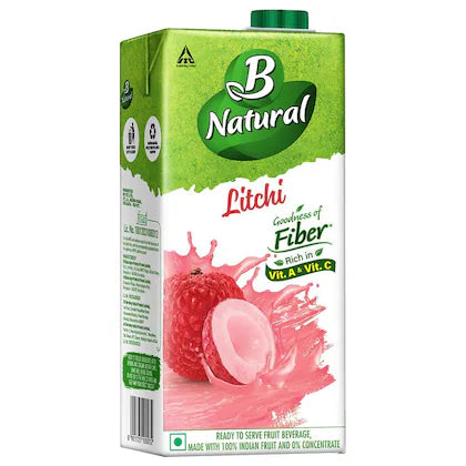 B Natural Litchi Juice, Goodness of fiber, Vitamin C & E, Made with 100% Fruit Pulp and 0% Concentrate, Made from Handpicked Litchis, 1 litre