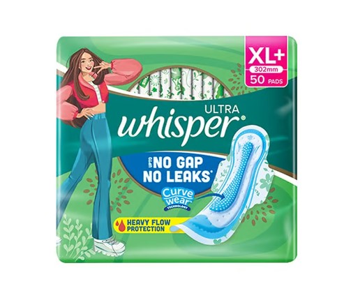 Whisper Ultra Upto No Gap No Leaks Sanitary Pads (XL+, 50 pieces)