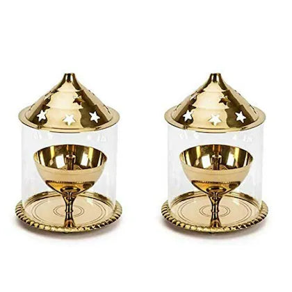 pujaNpujari Golden Brass Akhand Diya with Glass cover (Pack Of 2)