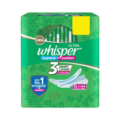 Whisper Ultra Hygiene and Comfort Sanitary Napkin with Soft Wings (XL+ ) 44 pads