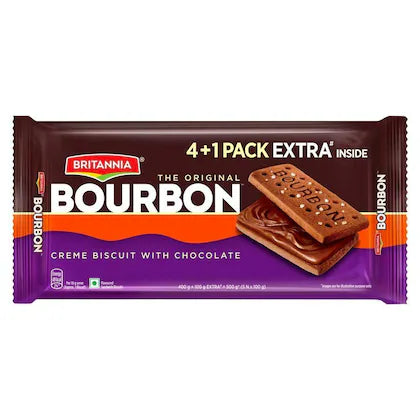 Britannia Bourbon Cream Biscuit With Chocolate 500 g (4 + 1 Pack Extra Inside)