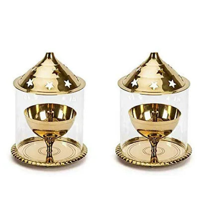 pujaNpujari Golden Brass Akhand Diya with Glass cover (Pack Of 2)
